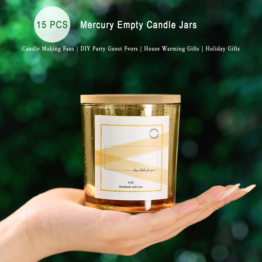 15 Pack Glass Candle Jars With Lids (8oz, Gold) - Empty Containers for Making Candles - Mercury Glass Jars With 20