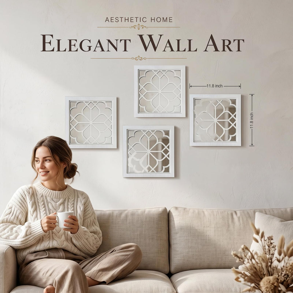 4 Set Rustic Wall Mirrors Bathroom Living Room Entryway Wood Farmhouse Square Easy to Hang Framed Decorative Accent