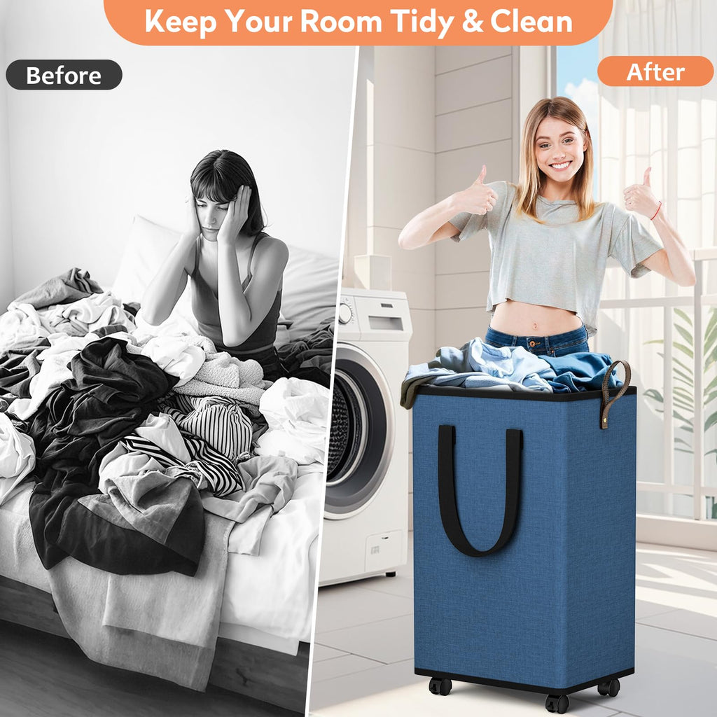Rolling Laundry Basket with Wheels, Laundry Hamper, 80L, Navy