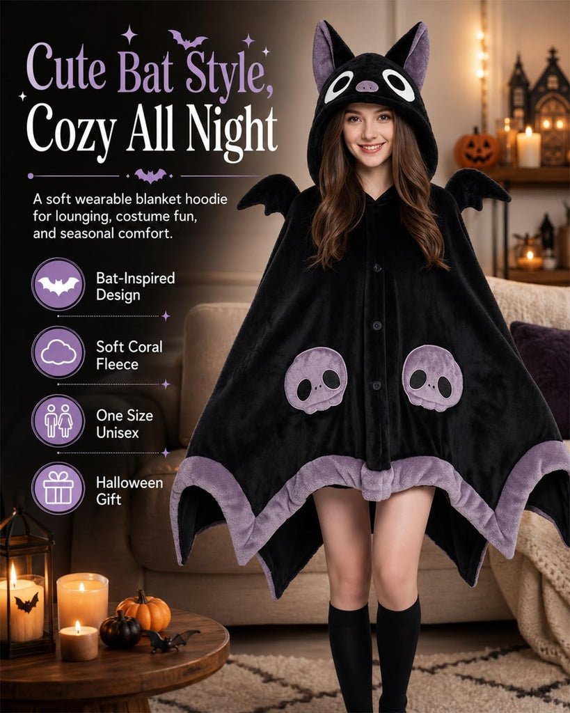 Halloween Cute Bat Wearable Blanket Hoodie Hooded Cape Costume Adult Unisex | Oversized Plush Thick Cloak with Demon