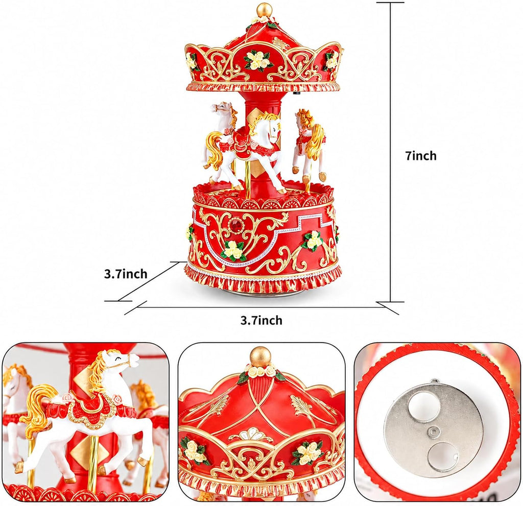 Christmas Carousel Music Box with Lights, Rotating Wind-Up Merry-Go-Round Horse Figurine, Hand-Painted Red and Gold