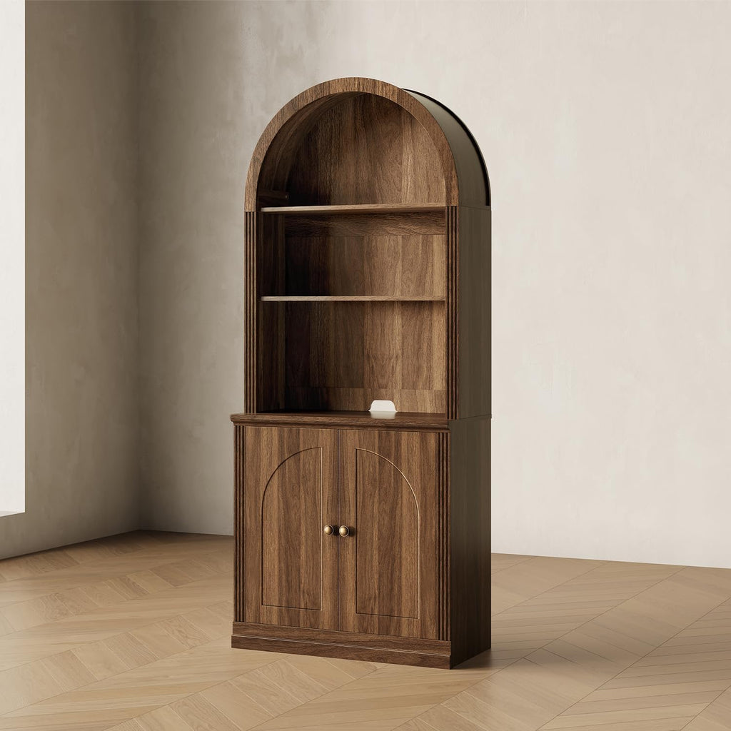 Monos 77-Inch Tall Modular Arched Bookcase with Door and Hutch, Walnut | Modular Setup, Vintage-Inspired Design