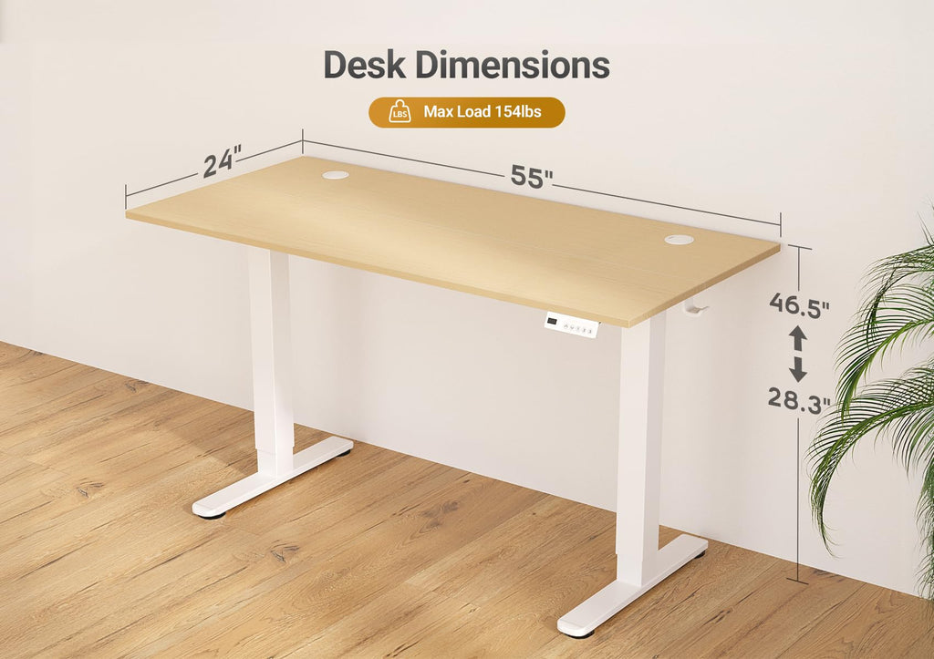 Electric Standing Desk Adjustable Height, 55 x 24 Inch Sit Stand Desk with T-Shaped Frame, 3 Memory Presets & Cable