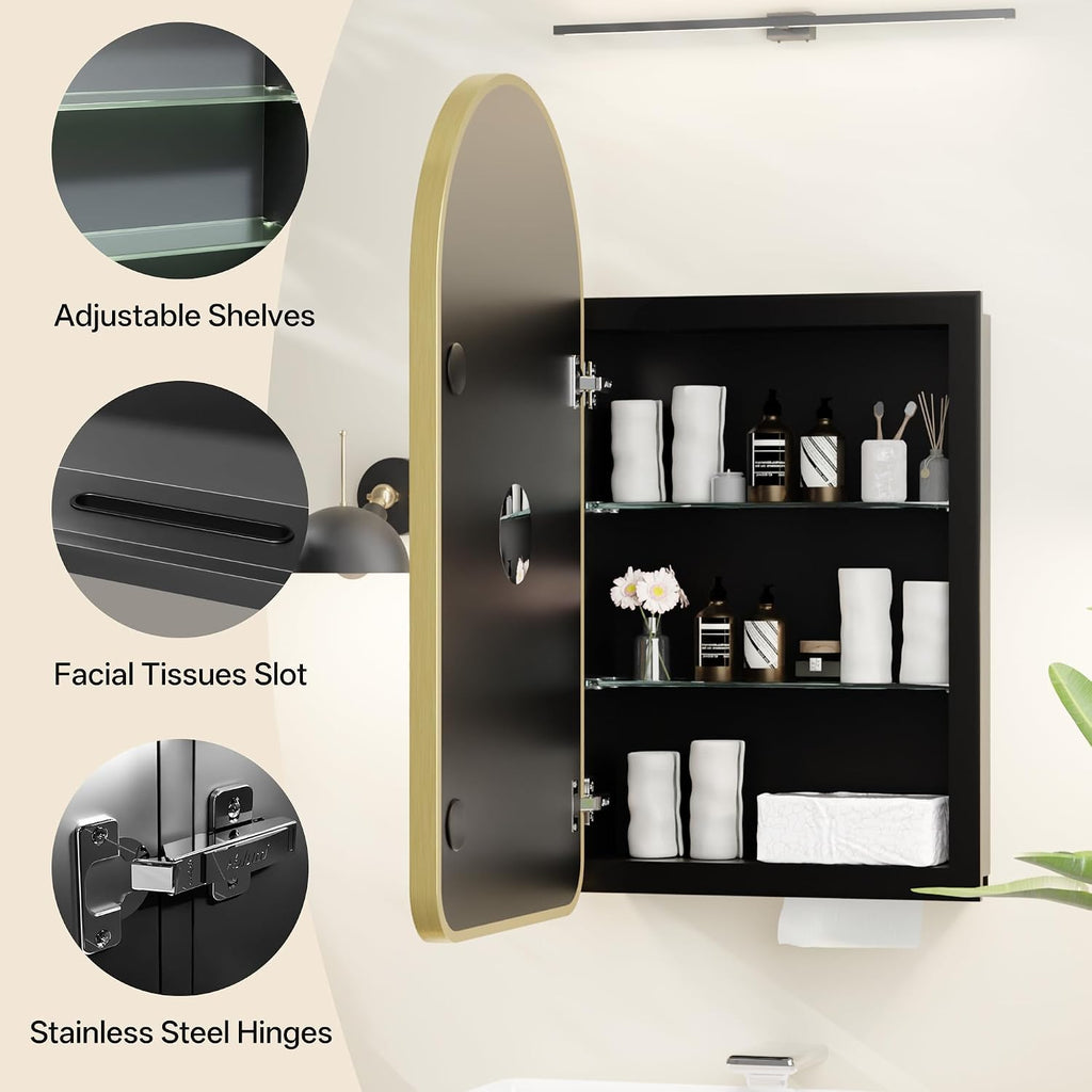 Arched Bathroom Medicine Cabinet with Mirror, No Assembly Needed, Recessed or Surface Mount Wall Storage Cabinet