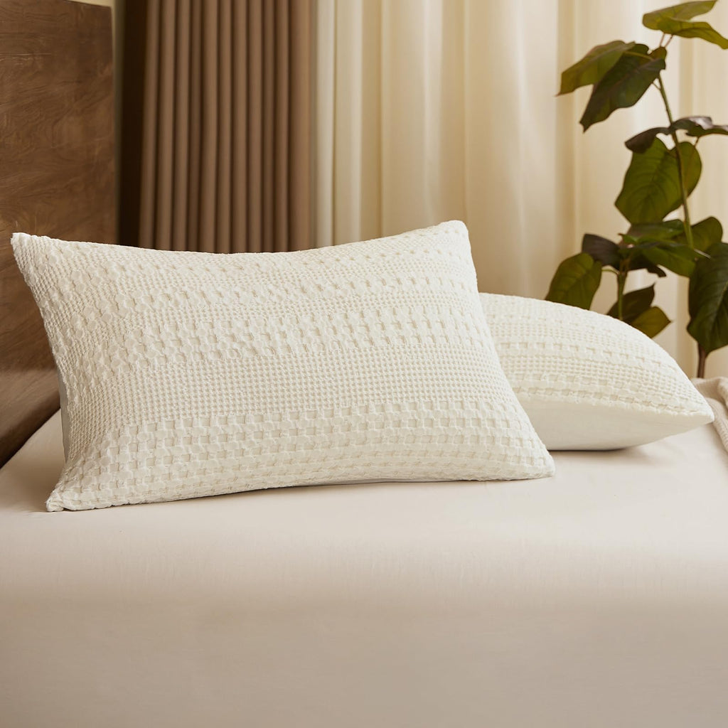 Cotton Waffle Pillow Shams Standard Size 20" x 26", Ivory, No Insert