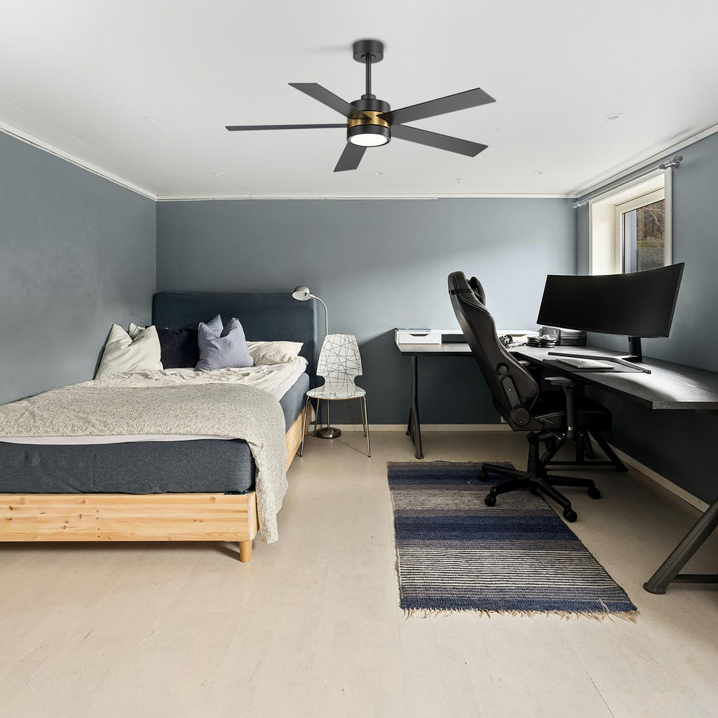 Ceiling Fan with Light, 52 Inch Modern Industrial Ceiling Fan with Reversible DC Motor, Downrod Mount Black and Gold