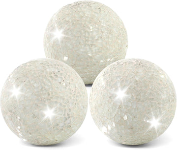 Mosaic Glass Orbs Decorative Balls 8.5cm/3.35inch Sphere Wedding Party Home Decor Table Centerpiece (White) - Set of 3