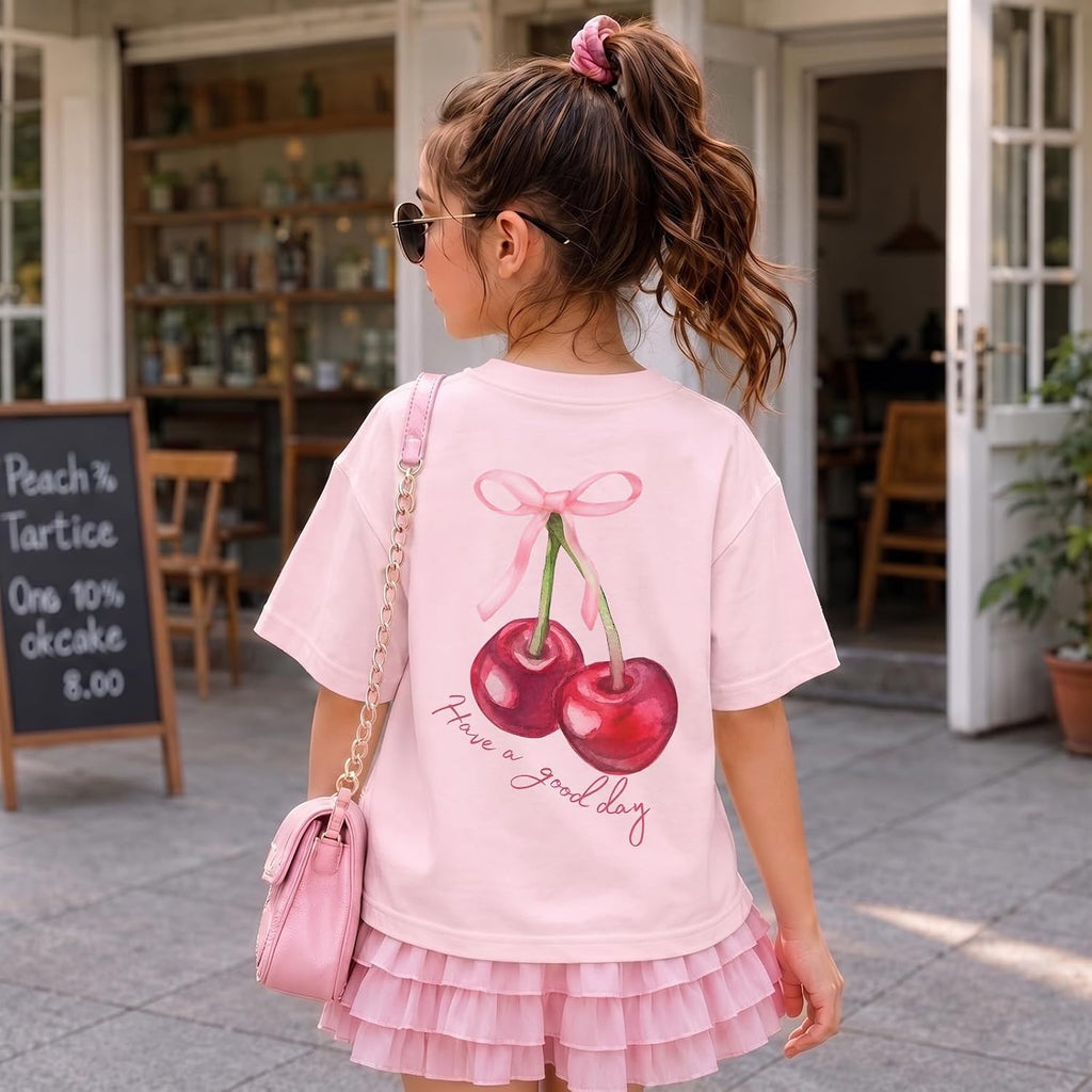 Girls Cute Graphic Tees Kids Bow Cherry Shirt Aesthetic Short Sleeve T Shirts Casual Summer Crew Neck Top Clothes