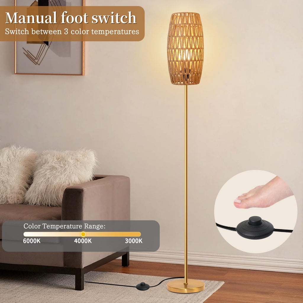 Floor Lamp,Farmhouse Floor lamp,Modern Standing lamp with Hand-Worked Rattan Shade (Drum Rattan Shade Body Gold