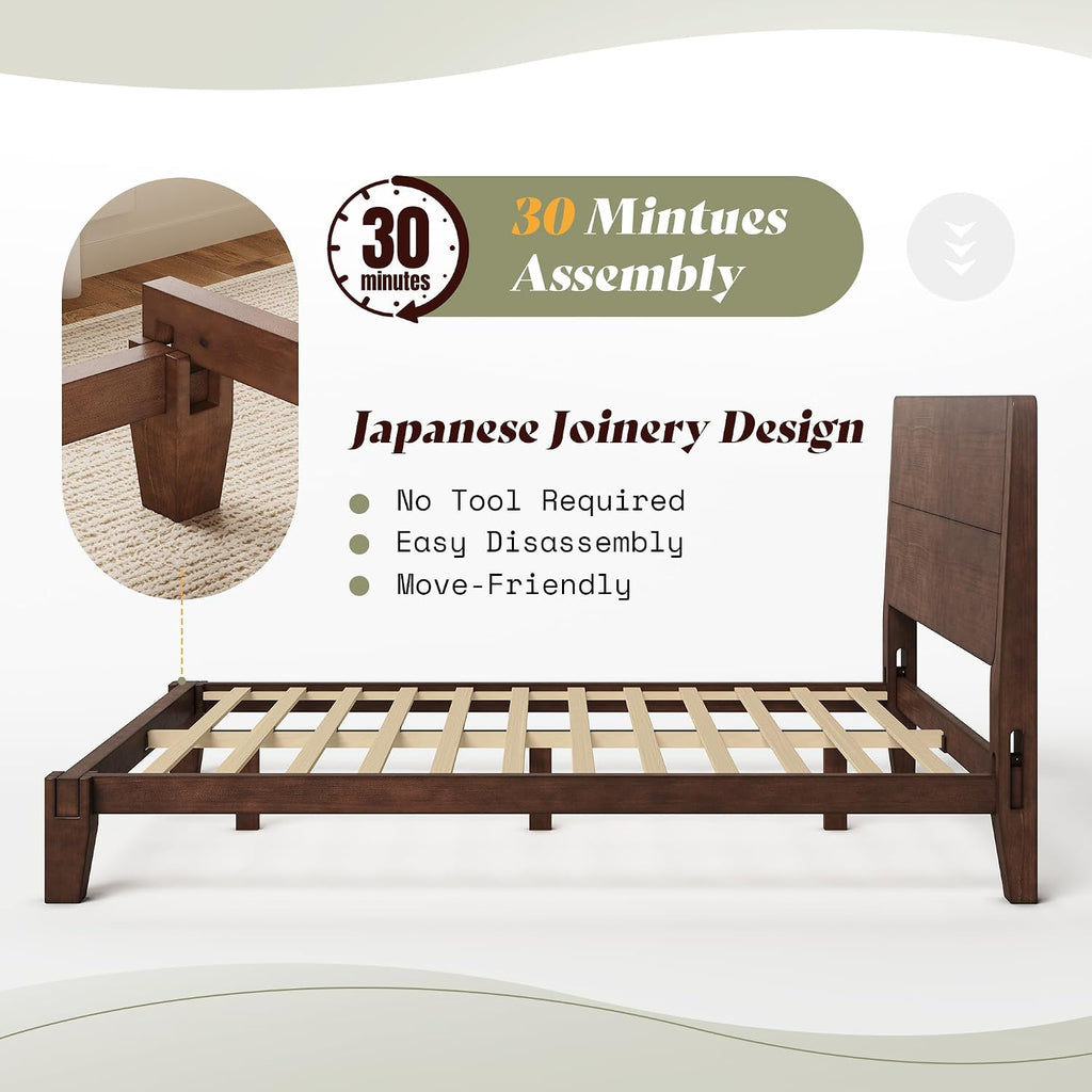 Solid Wood Queen Bed Frame with Headboard, Japanese Joinery,Walnut