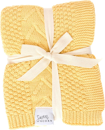 Knit Baby Blanket in Elegant Pattern, Organic Cotton Blankets for Crib or Stroller, Receiving Blankets - Butter Yellow
