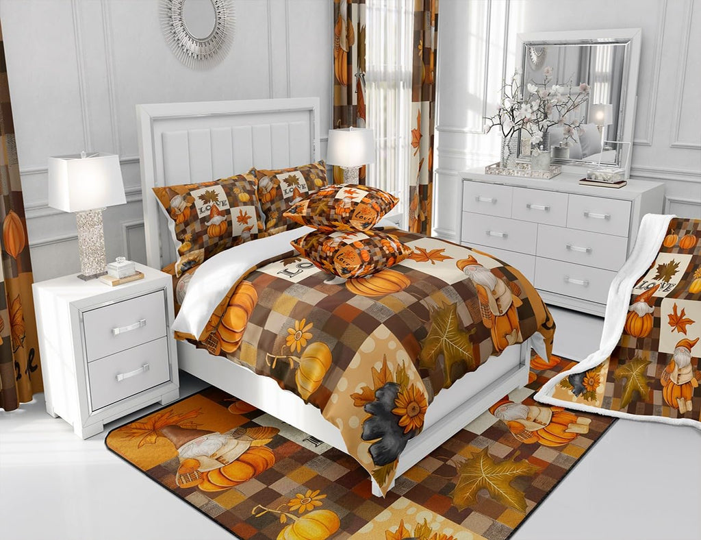 Fall Pumpkin Harvest Duvet Cover Set, Rustic Maple Autumn Leaves Quilt Cover Set(NO Comforter), Patchwork