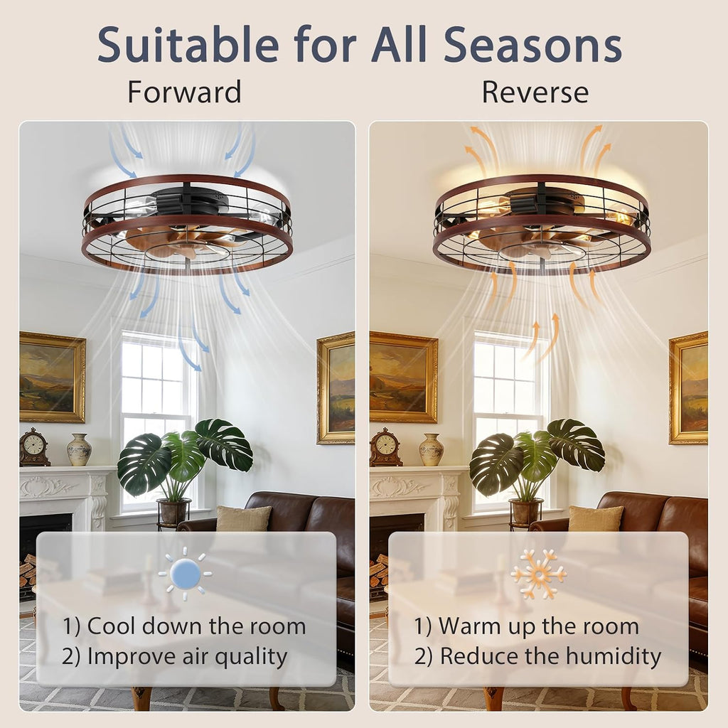 Farmhouse Caged Ceiling Fans with Lights Flush Mount, 23.6'' Rustic Low Profile Ceiling Fan with Light and Remote