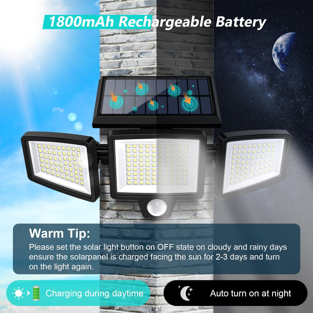 Solar Outdoor Lights 210 LED Security Lights with Remote Control, 3 Heads Motion Sensor Lights, IP65
