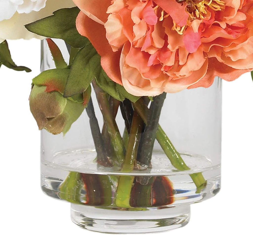 10 in Artificial Peony Arrangement in Glass Vase | Mixed Peony Faux Flower Blooms, Liquid Illusion Water in Glass
