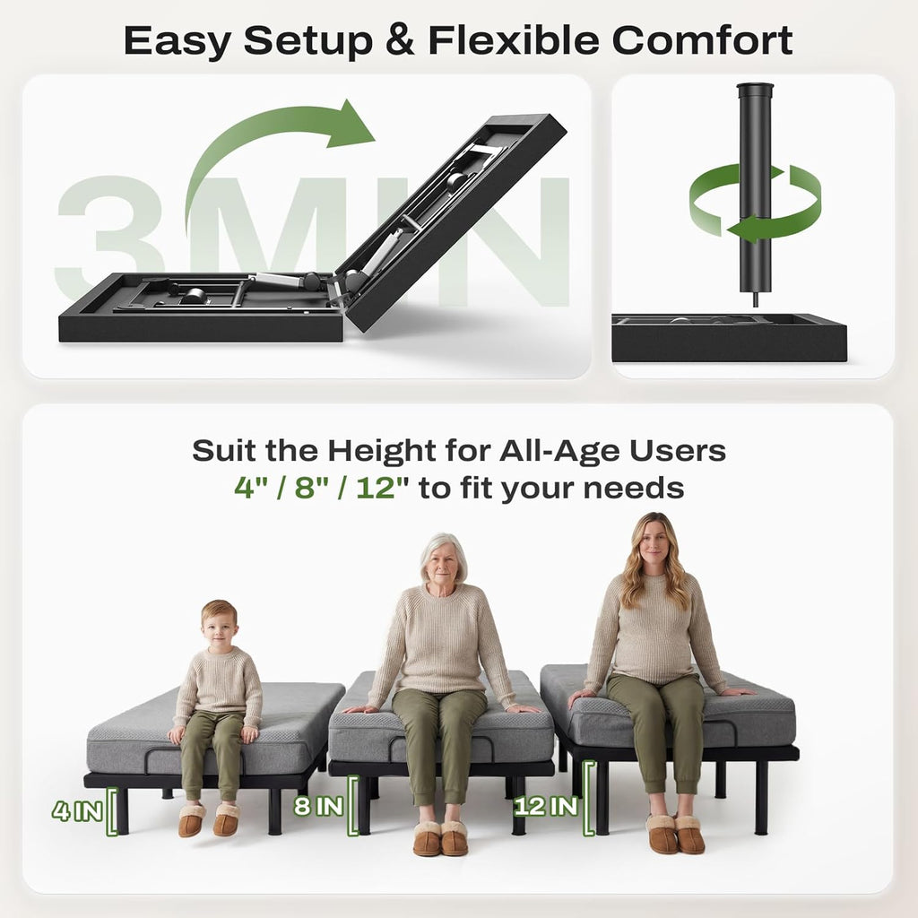 Twin XL Adjustable Bed Frame with Massage and Head & Foot Incline