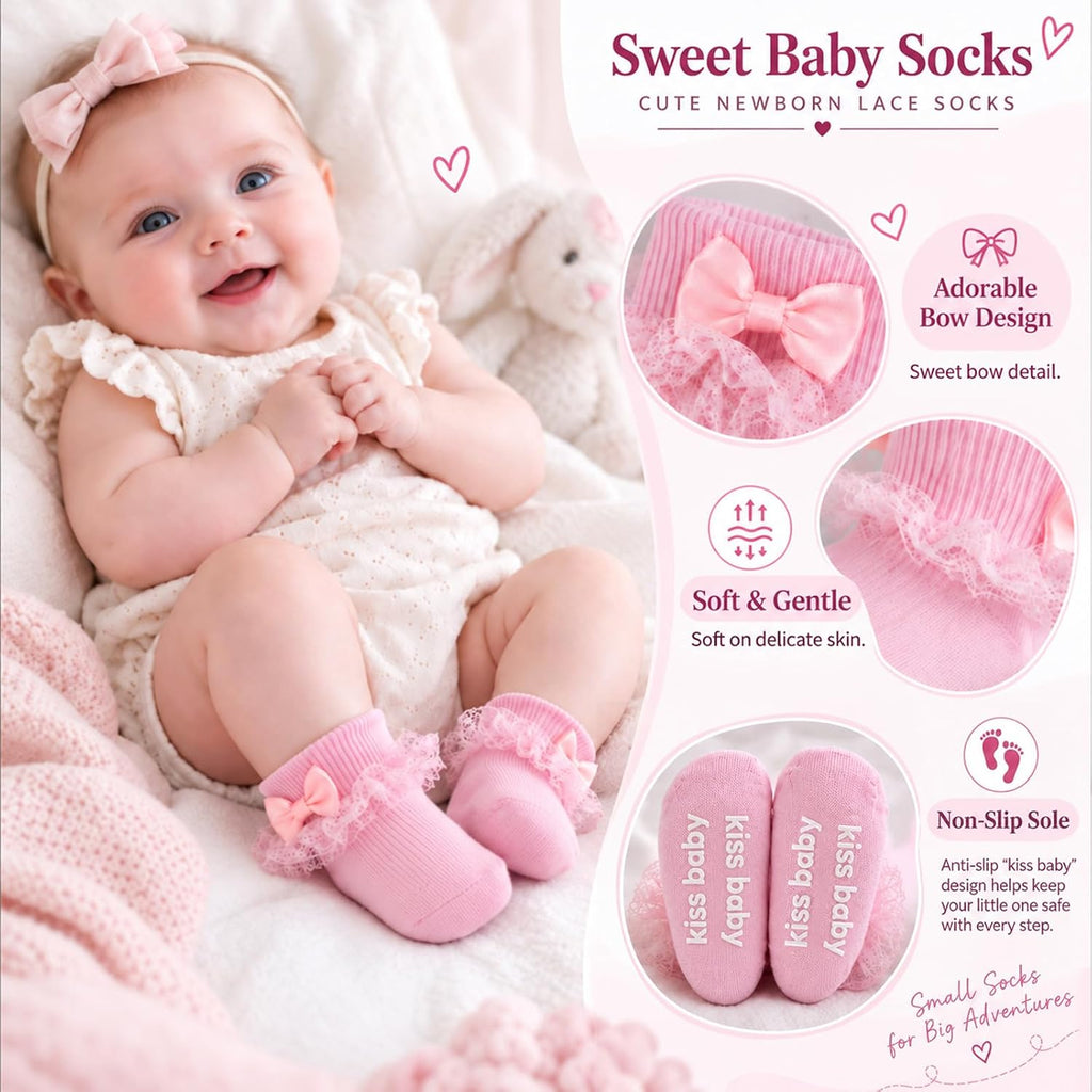 Baby Girl Ruffle Socks with Grips, Cotton Bowknot Lace Dress Socks