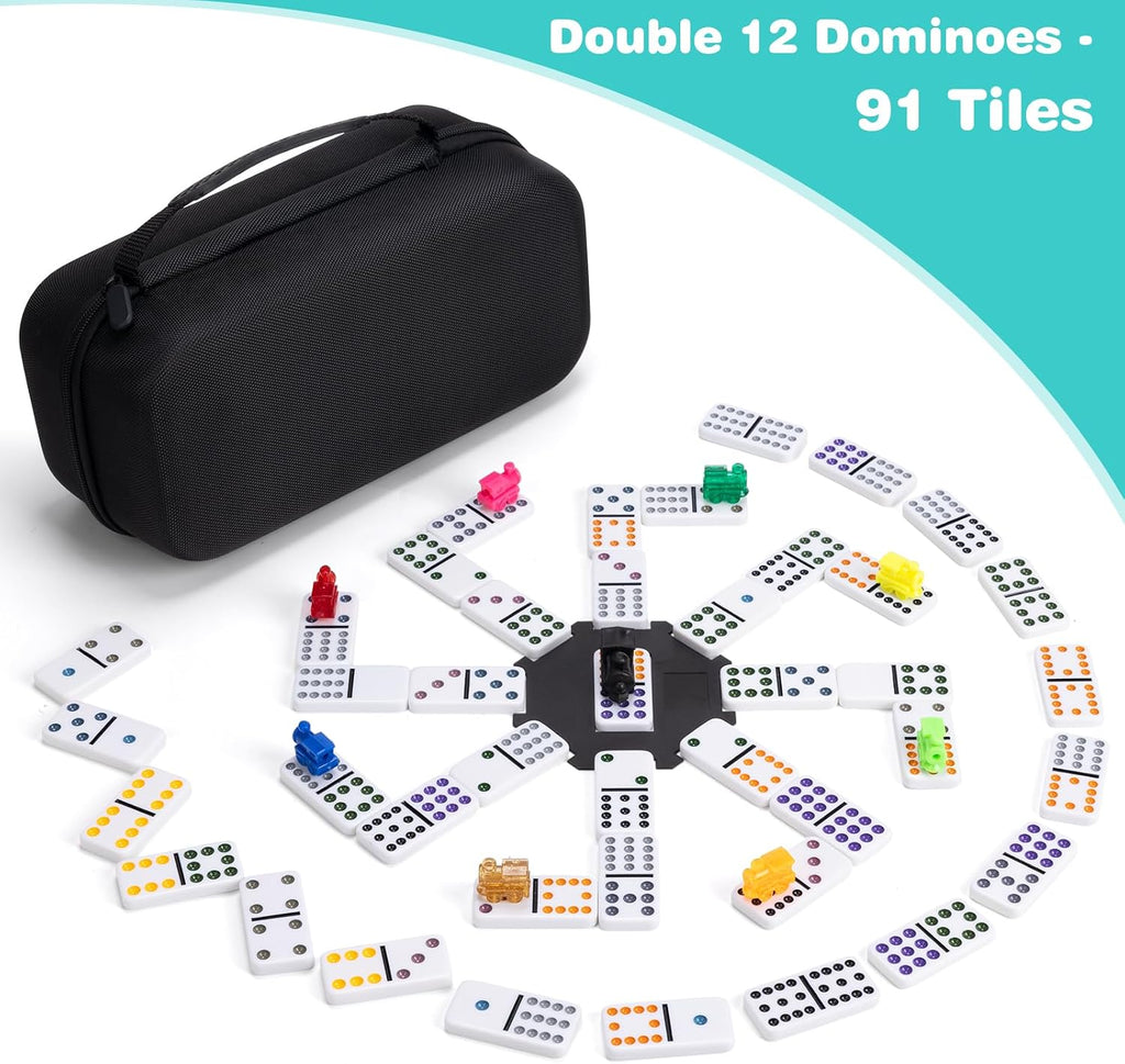 Mexican Train Dominoes Set 4 Wooden Racks Double 12 Game 91 Dot Tiles
