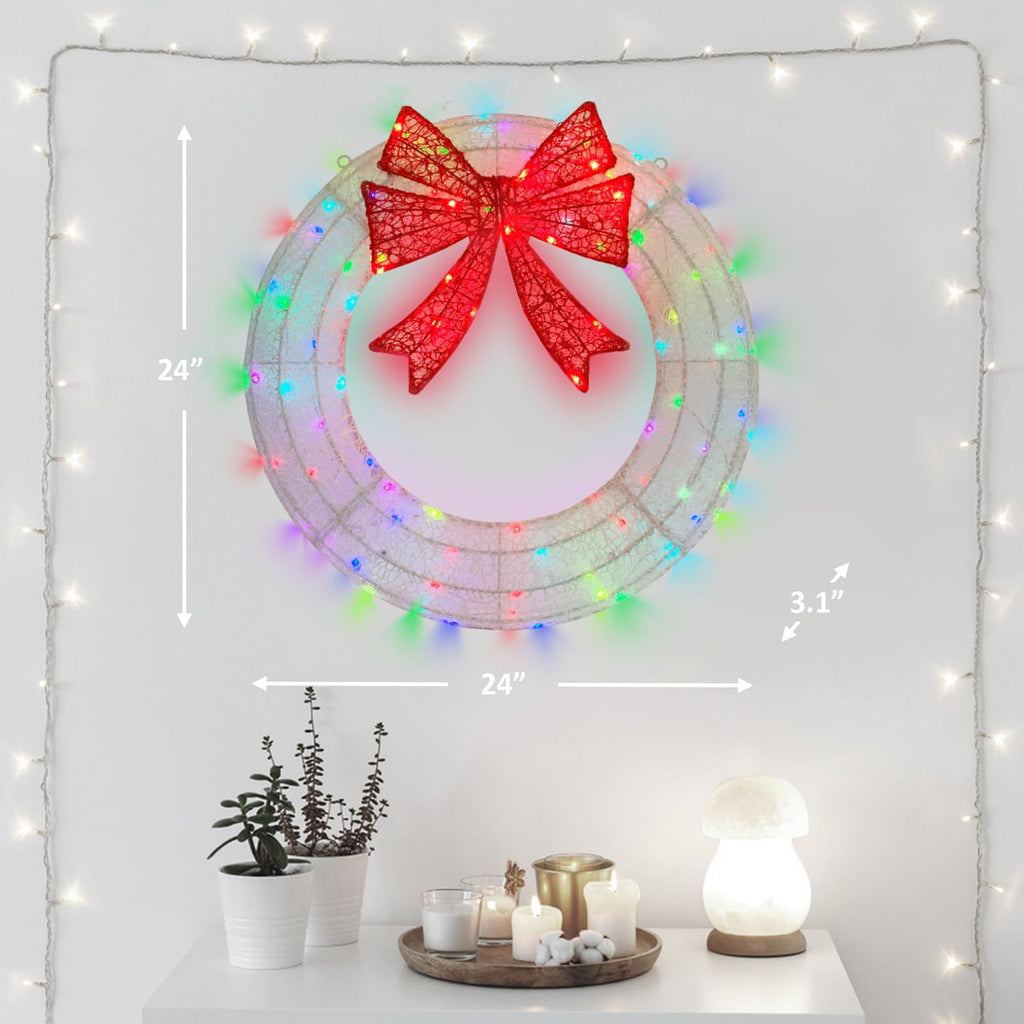 Lighted Wreath Christmas Outdoor Decorations, 24in Small Christmas Outdoor Lights Wreaths 110 Multi-Color Changing