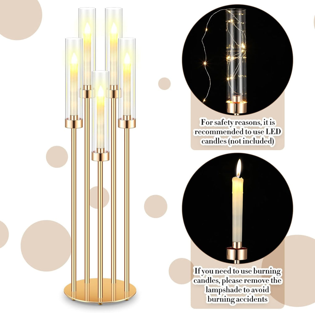 4 Pcs Acrylic Candelabra Centerpieces 35" Tall Clear Candle Holders Pillar Taper Candlestick with Lampshades 5 Arm