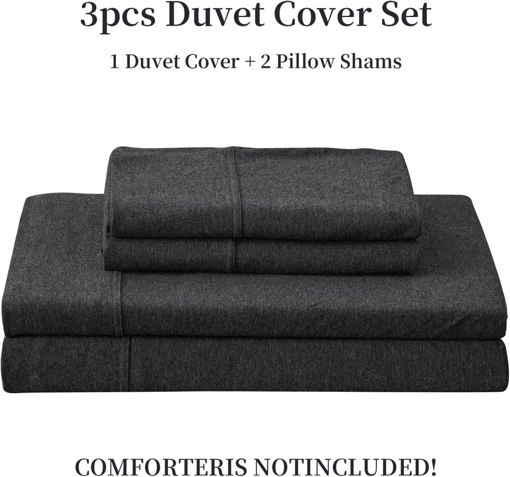 Knit Duvet Cover Set 100% T-Shirt Cotton Super Soft Comfy 3pc Bedding Set with Zipper Closure (Heather
