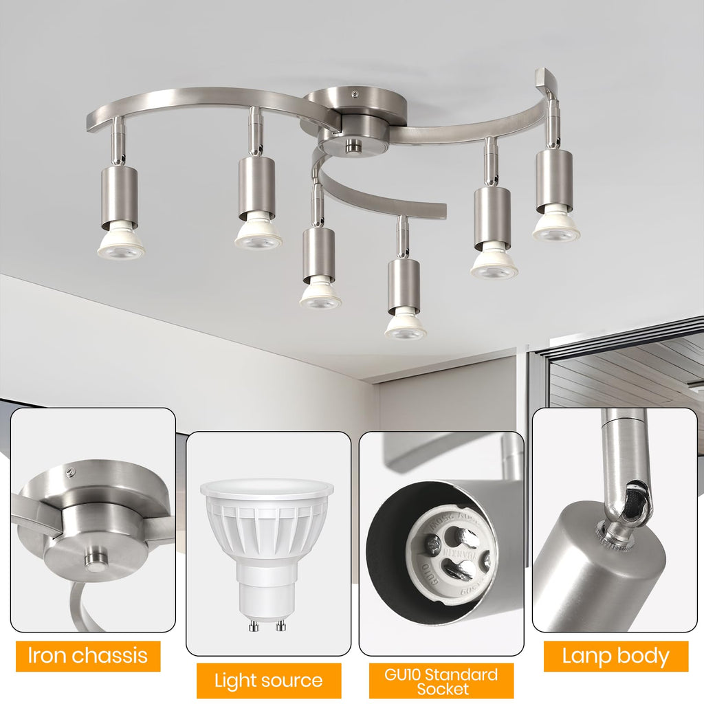 6 Light Track Lighting Fixtures Ceiling, Flexibly Rotatable Light Heads, Nickel Semi Flush Mount Ceiling Light Dining