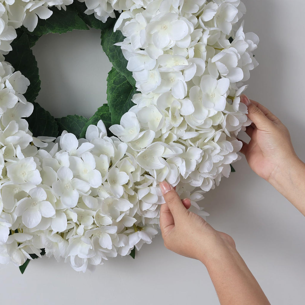 21" Artificial Hydrangea Flower Wreath for Front Door Decor (White)