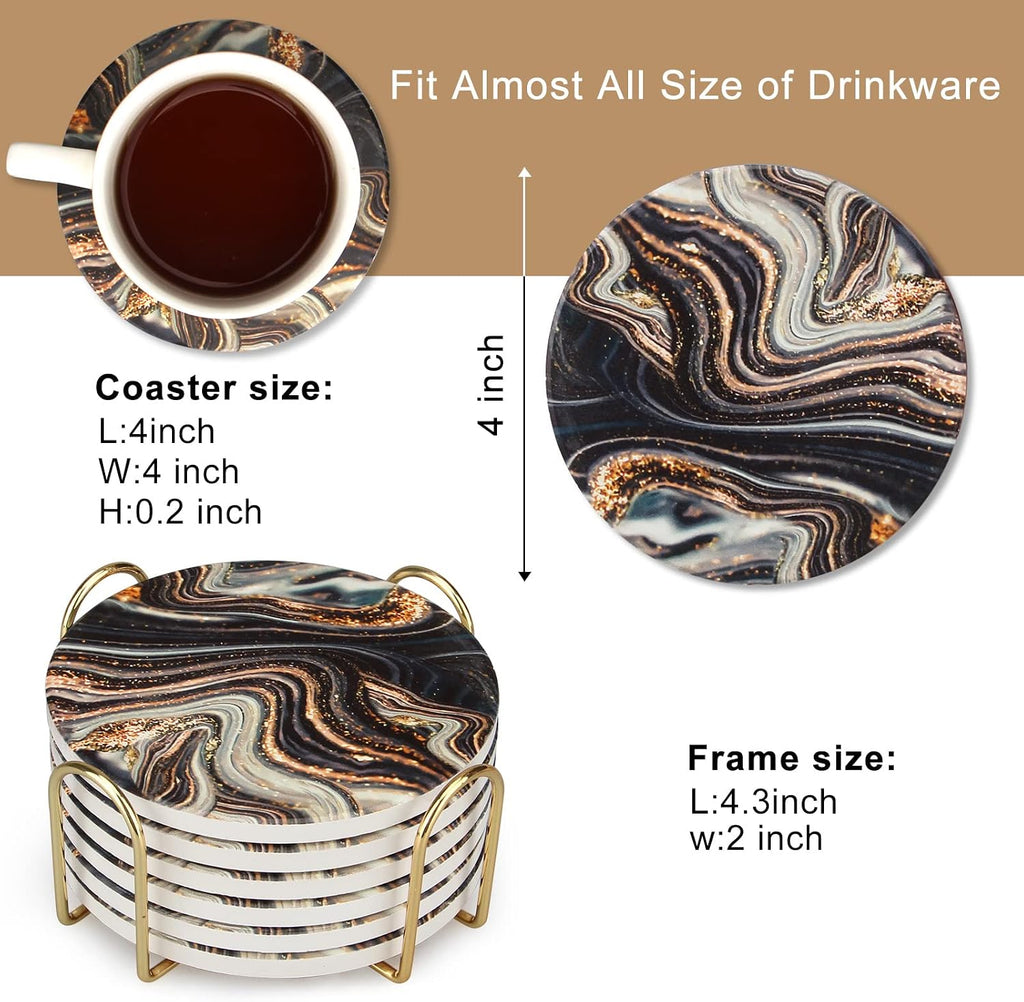 Black and Gold Marble Coasters with Holder Best Round Absorbent Coasters for Drinks, Coffee, Beer, Table Marble - Set of 6
