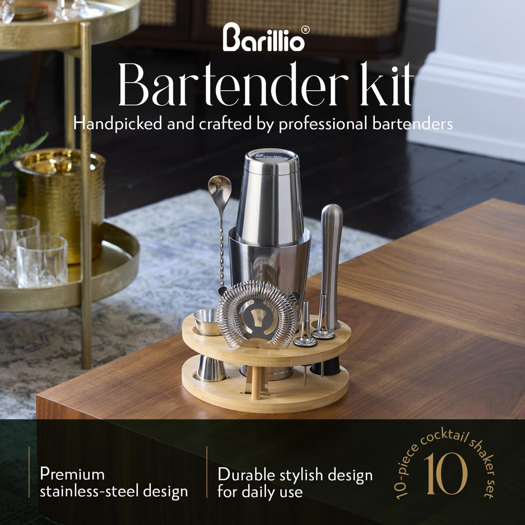 Elite Mixology Bartender Kit with Stand - Cocktail Shaker Set with Bamboo Stand, Boston Drink Shaker, Mojito Muddler - Set of 7