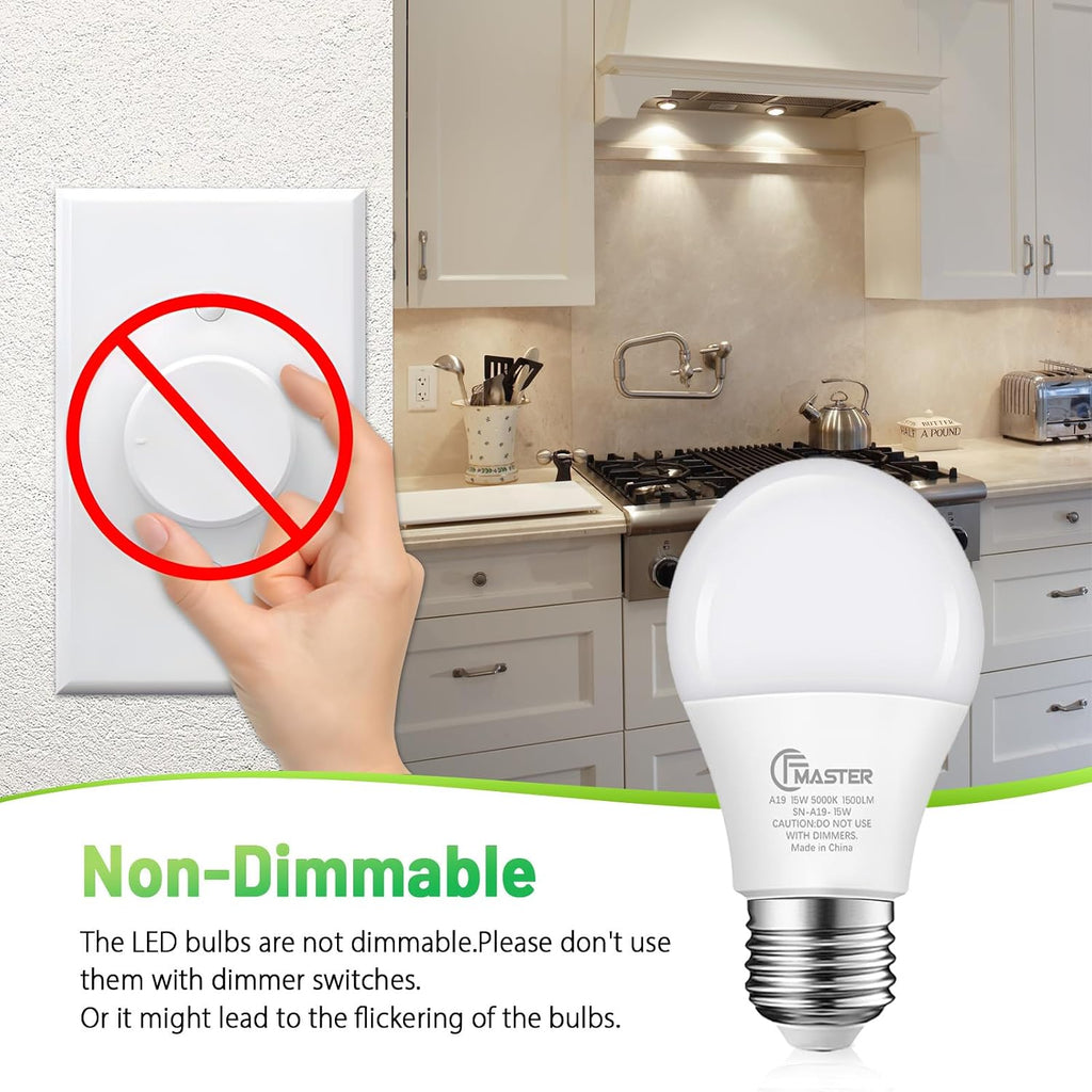 A19 LED Light Bulb, 100W Equivalent Light Bulbs, 15W 5000K Daylight, 1500 Lumens, Non-Dimmable LED Bulb, E26 Standard