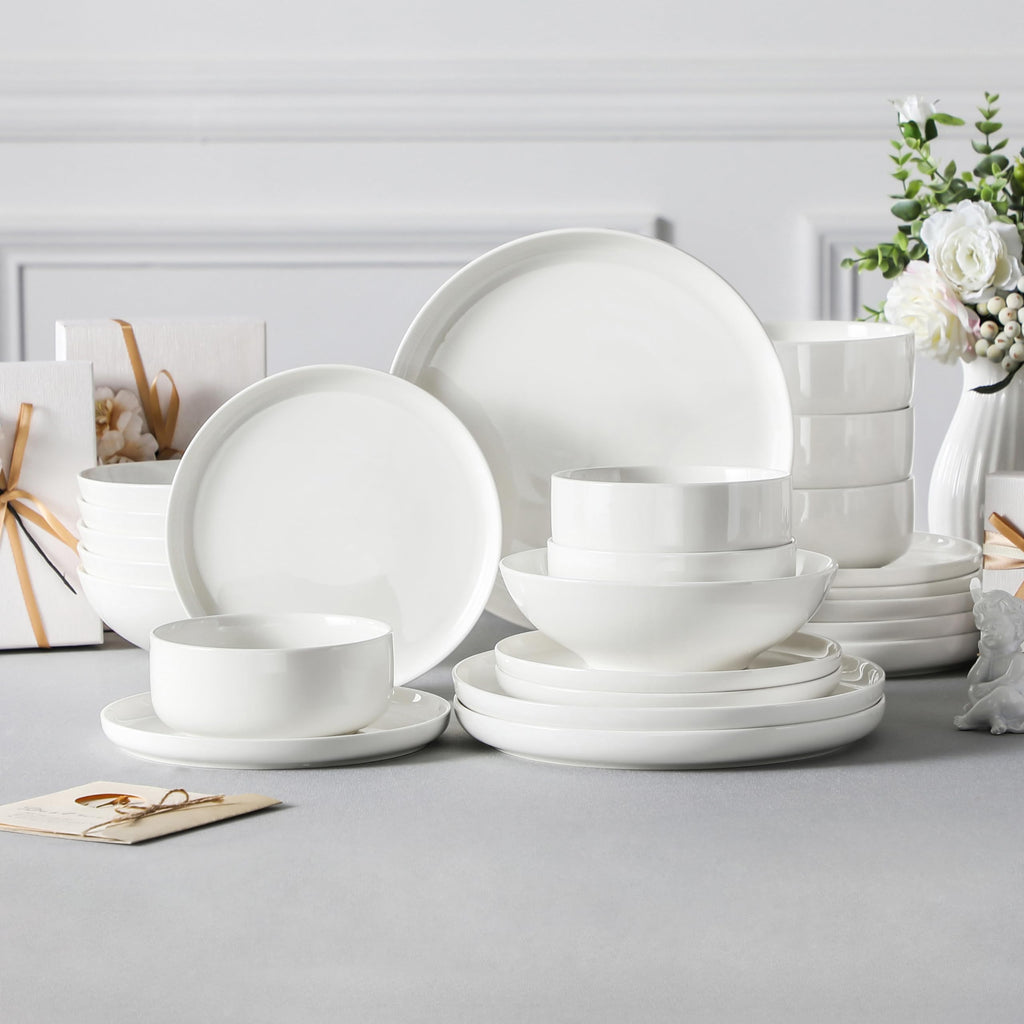 24 Pcs Porcelain Plates and Bowls Sets,Dinnerware Set for 6,White