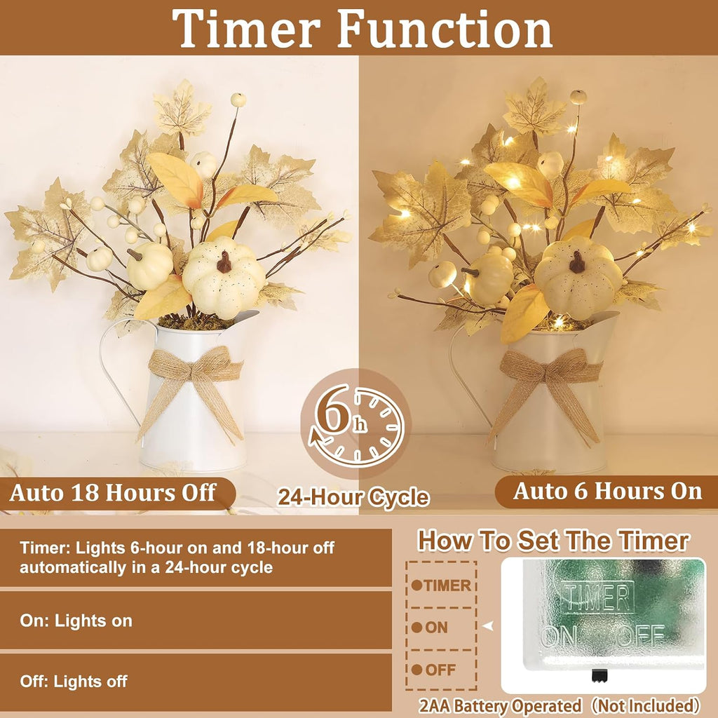 [Light & Timer] Fall Decor Table Centerpiece Potted White Maple Arrangement in Metal Pitcher Neutral Rustic