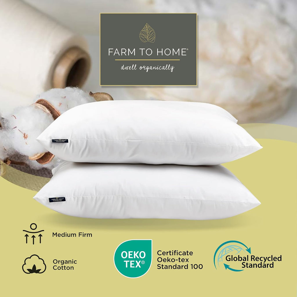 100% Organic Cotton Cover Pillows Queen/Jumbo Size Set of 2 | Down Alternative Fill, Hotel Collection Pillow, Soft
