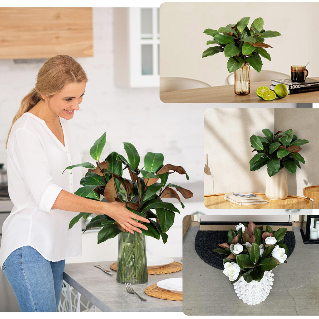 Artificial Magnolia Leaves Branches Fake Greenery Leaf Faux Magnolia Stems Leaves for Indoor Outdoor Vase Home Office