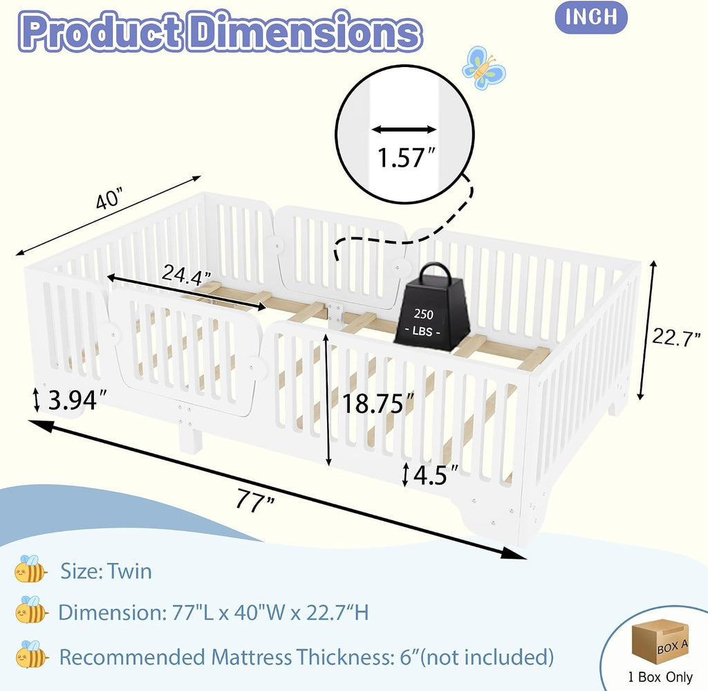 Floor Bed with High Fence Rails, Wooden Montessori Bed Frame with Detachable Door & Slats, Low Profile Beds