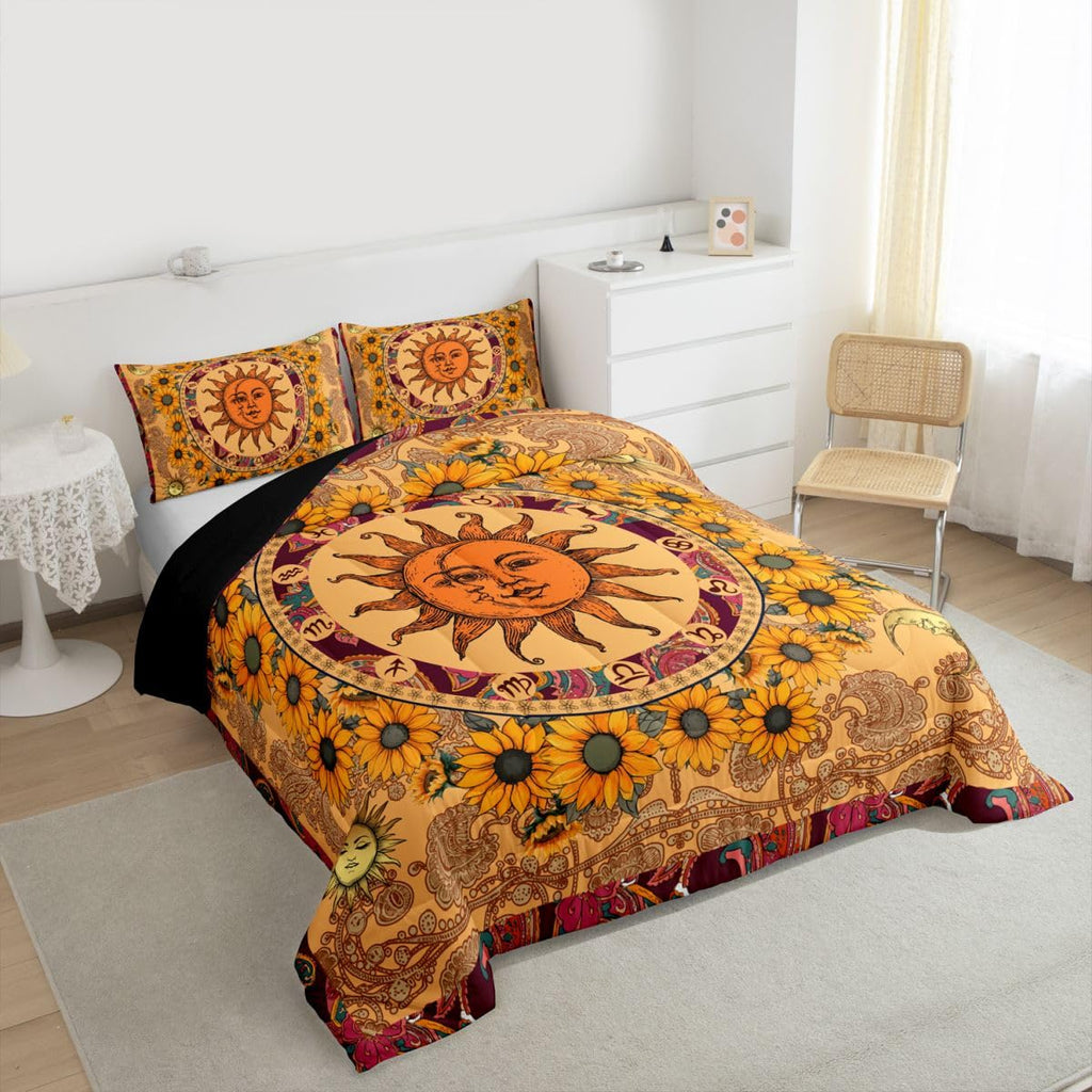 Yellow Sun and Moon Down Comforter Twin, Sunflower Bedding Set Vintage Indian Boho Floral Comforter Set Colored
