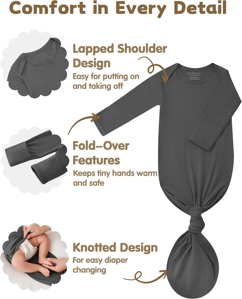 Knotted Gown 2Pack, Soft Breathable Baby Sleep Gown for Boys Girls, Infant Baby Coming Home Hospital Outfit