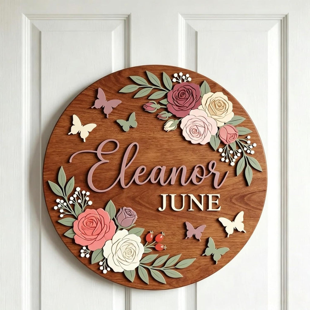 Personalized Wooden Name Sign, Custom Floral Round Wall Decor, Rustic Wooden Name Plaque, Nursery Room Decor