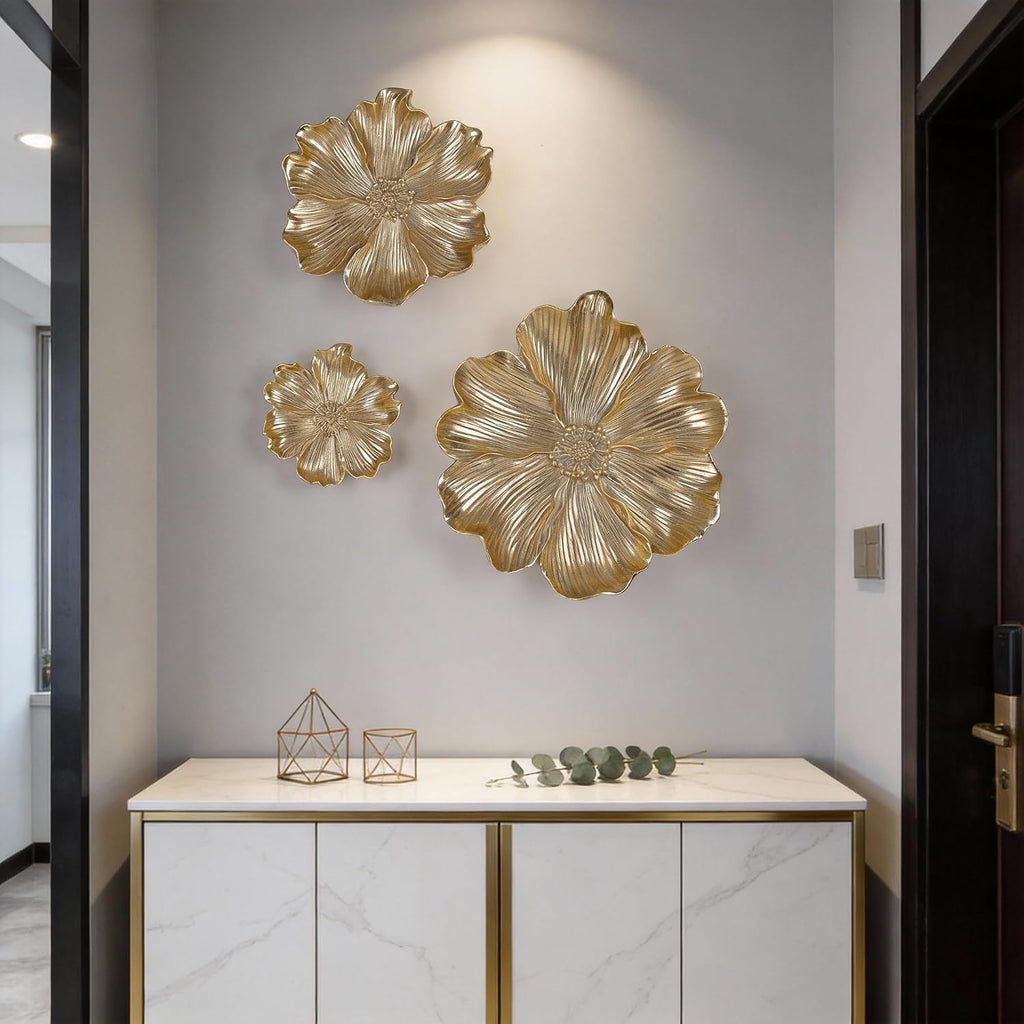 Gold Resin Floral Wall Art, Unique Wall Sculpture and Vintage Wall Décor, Perfect, Room, and Bathroom Wall - Set of 3