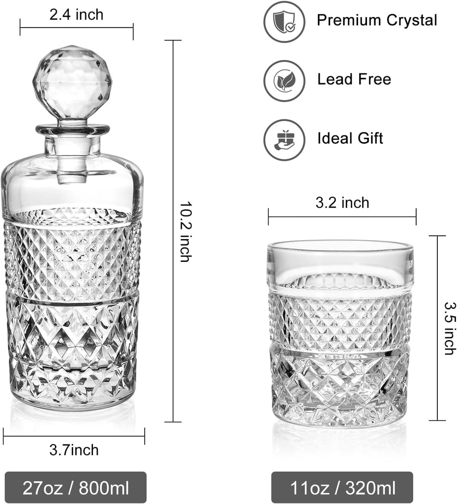 27oz Whiskey Decanter Set in Gift Box, Crystal Whiskey Decanter Sets for Men, Liquor Decanters with 4 Glasses, Gifts - Set of 5