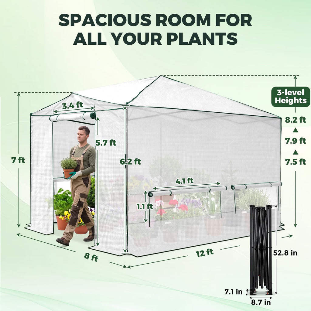 12x8 Easy Setup Pop Up Greenhouse, Support Pole, Clear/White