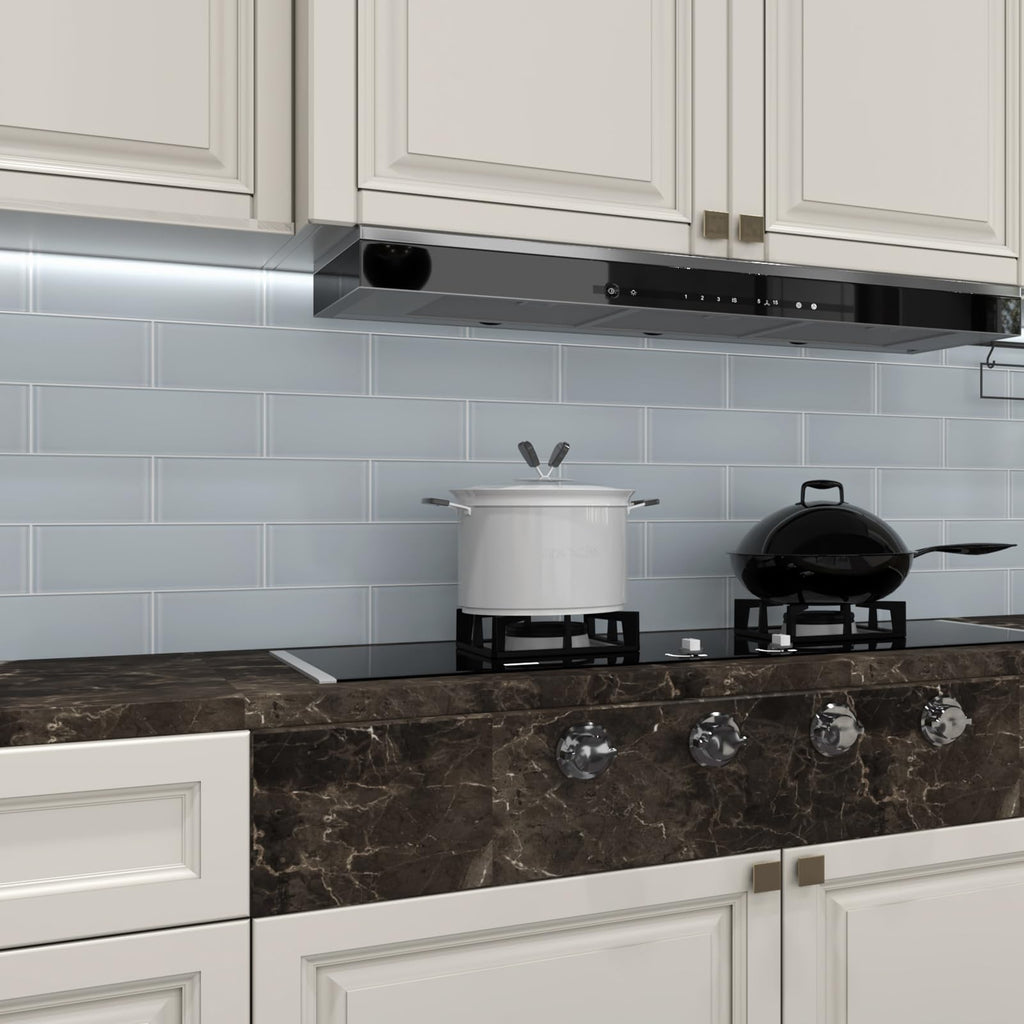 Ice Blue Glass Subway Tile, Glass Kitchen Shower Backsplash Wall, 4 x 12 Inches, 4 Sq.Ft.