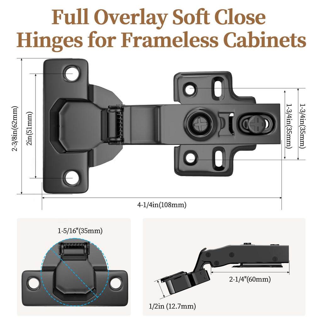 Soft Close Quiet European Concealed Hinges, Full Overlay Frameless Adjustable Hinges Cabinet Doors, Cupboard Hardware