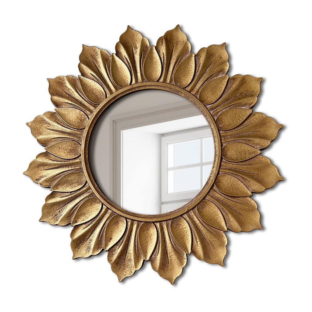 Sunflower Sunburst Wall Mirror, 22" Distressed Gold Wooden Frame