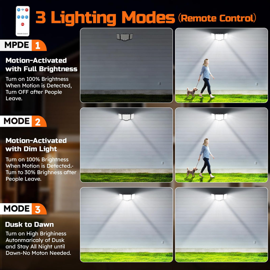 LED Security Lights Motion Sensor Outdoor, 20W Floodlight 6500K 3 Modes, IP65 Waterproof 3 Head Detected Flood