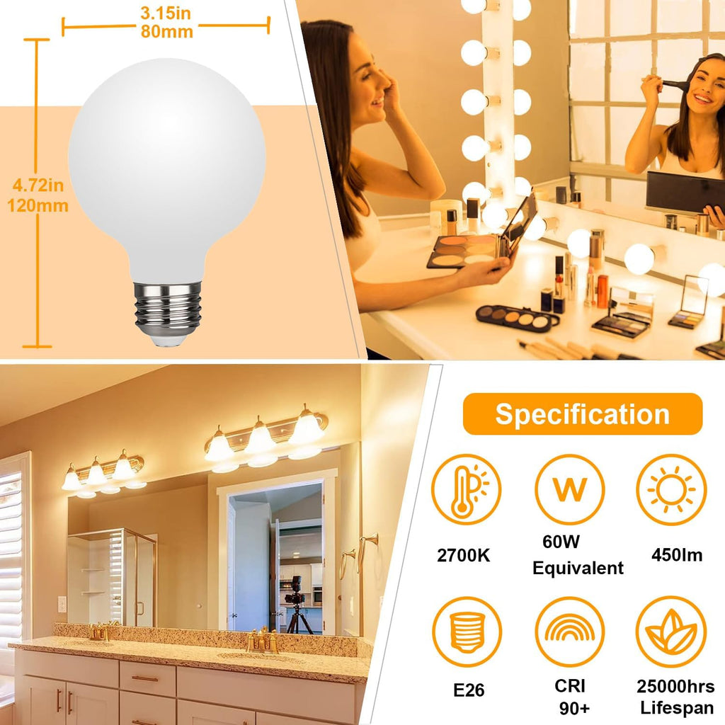 Frosted Glass G25 Globe Light Bulbs 60w Eq, Moisture Resistant G25 Dimmable LED 6W 450LM 2700K 6PCS with 360° Beam
