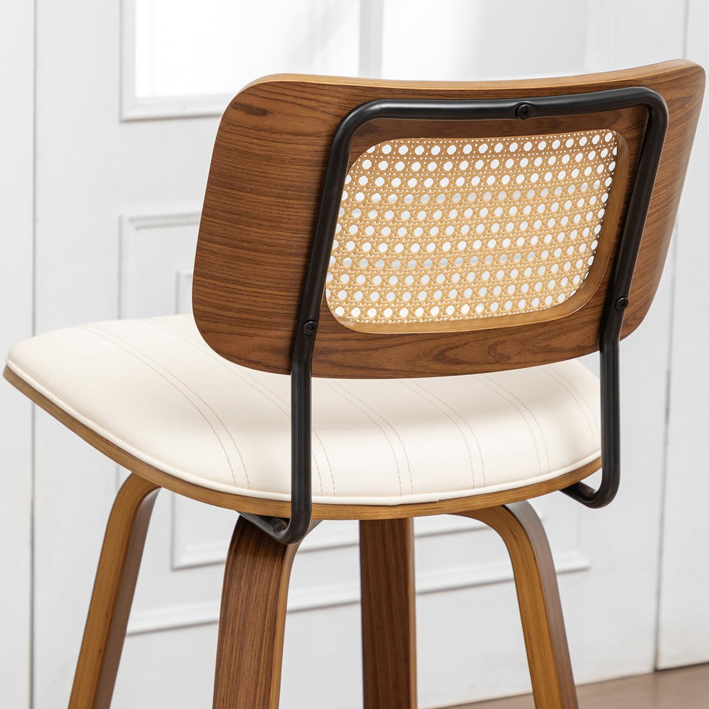 Mid Century Modern Bar Stools, Rattan Swivel Bar Stools with Curved Back