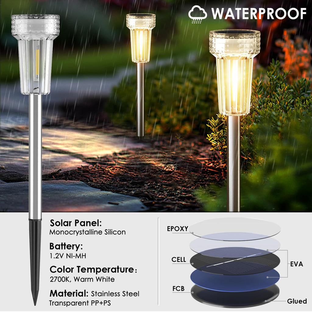 12 Pack Solar Pathway Lights Outdoor, Waterproof Metal Solar Outdoor Lights Tungsten Bulb Landscape Lighting Garden