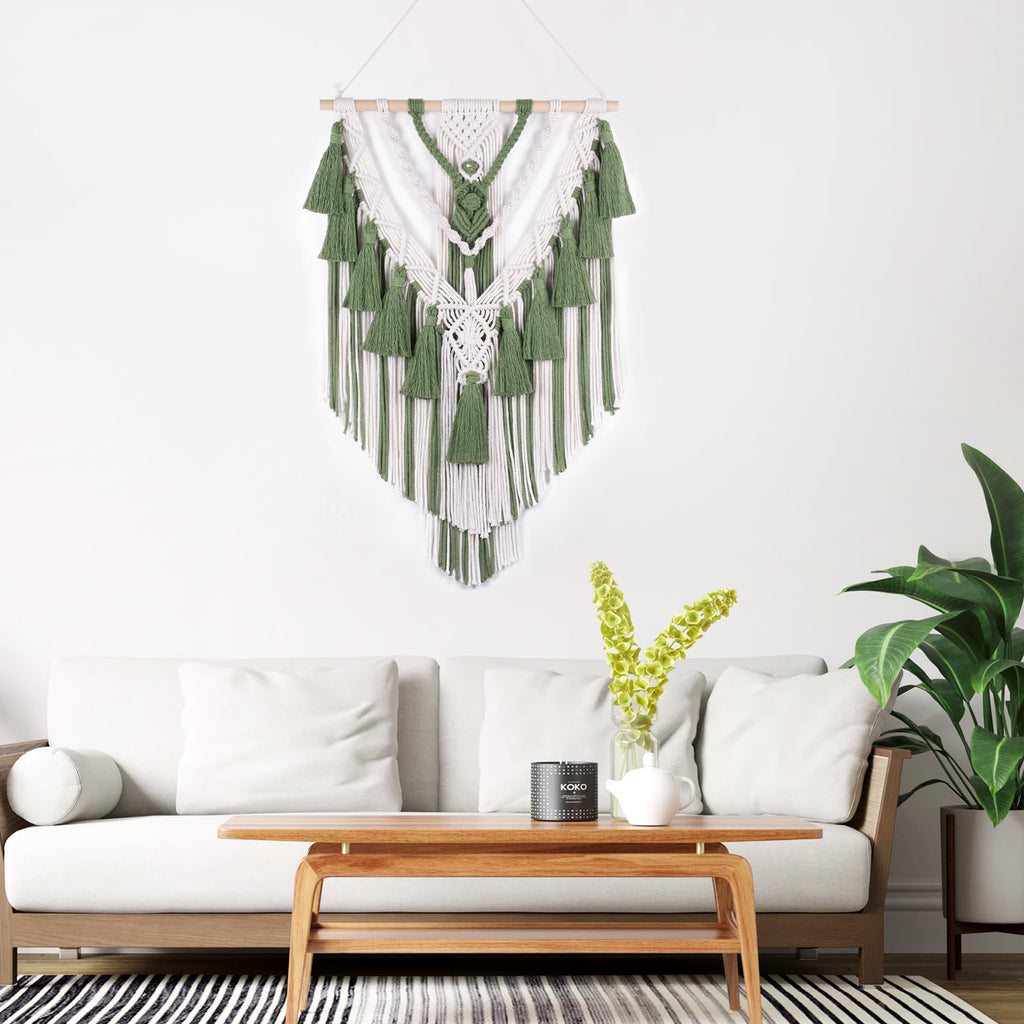 Green Macrame Wall Hanging Boho Macrame Wall Decor with Yarn Tassel Bohemian Tapestry Woven Wall Art Bedroom Home