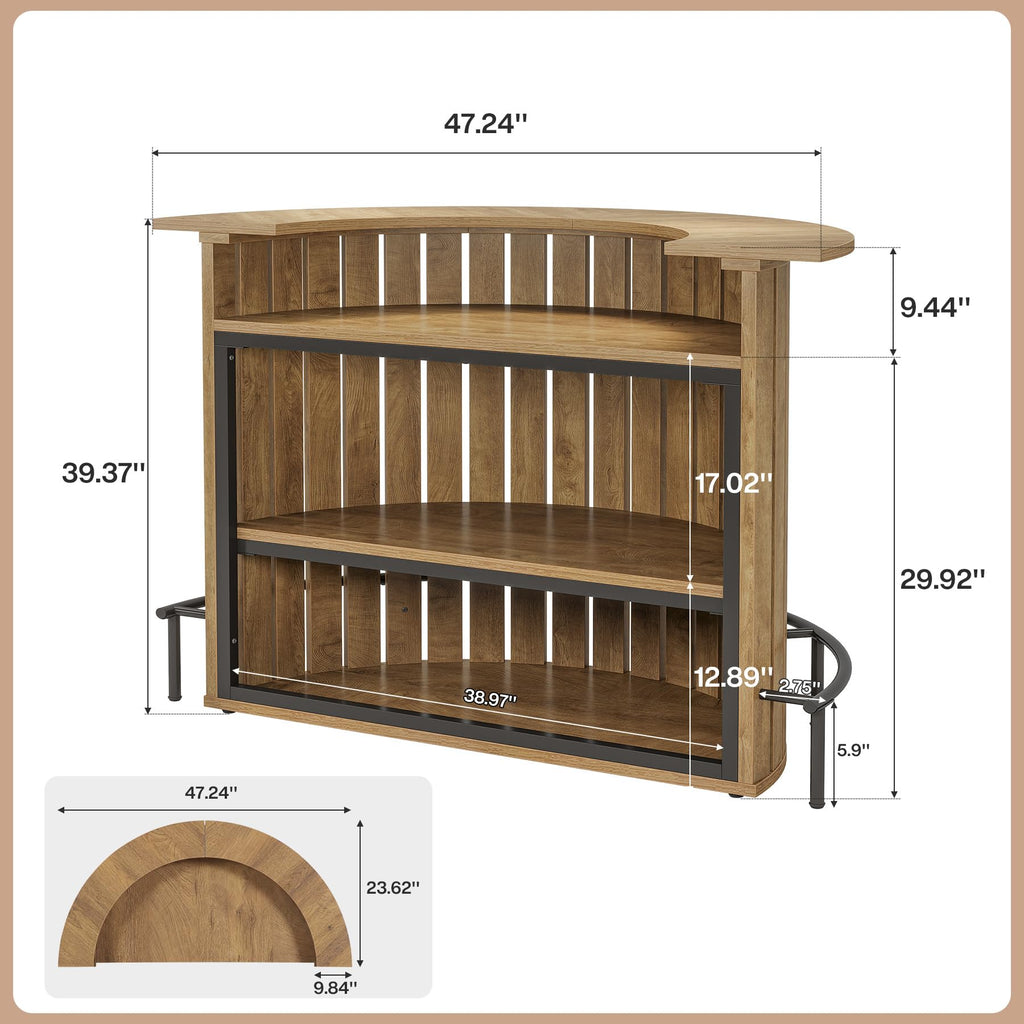 4-Tier Bar Table, 47.24" Mini Home Bar Table with Footrest, Arc-Shaped Modern Bar Cabinet, Light Brown